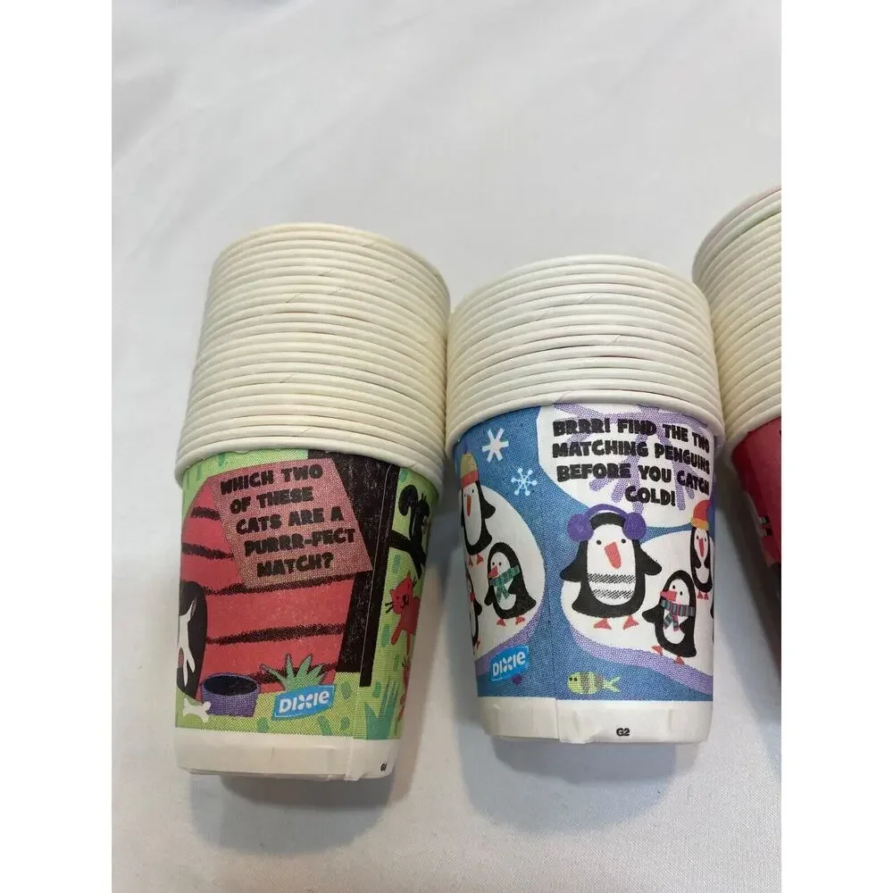 Vintage Dixie 3 Oz Paper Bath Cups Animal Puzzles on Every Cup Open 143 cups